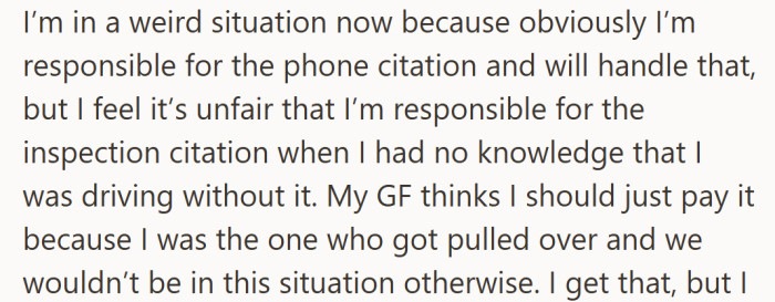He agreed to cover the phone fine but felt it was unfair to be blamed for the overdue inspection.