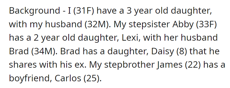 OP, married with a 3-year-old, has a stepsister with a 2-year-old, whose husband has an 8-year-old from a previous relationship. Her stepbrother is in a relationship.