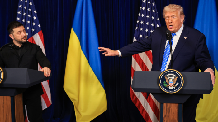 Zelensky and Trump in diplomatic setting, discussing Ukraine sovereignty and demands