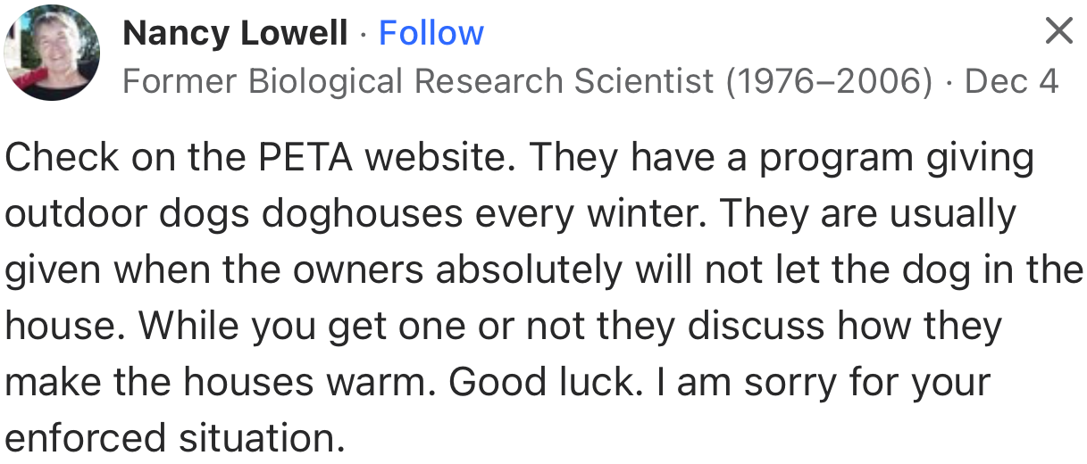 “Check on the PETA website. They have a program giving outdoor dogs doghouses every winter.”