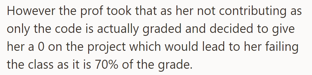 Professor saw her lack of code input as non-participation, giving her a zero and risking her failing the class.