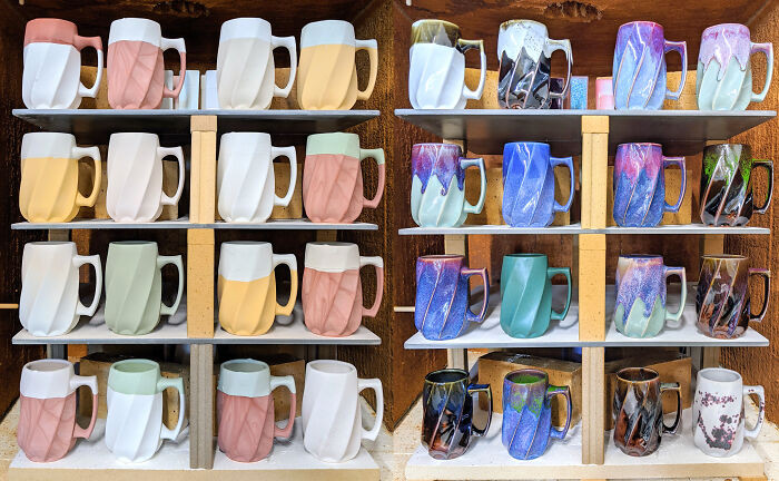 "Porcelain Mugs Before And After Firing"