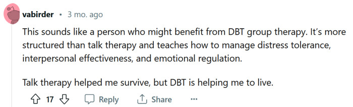 Perhaps DBT group therapy might help?
