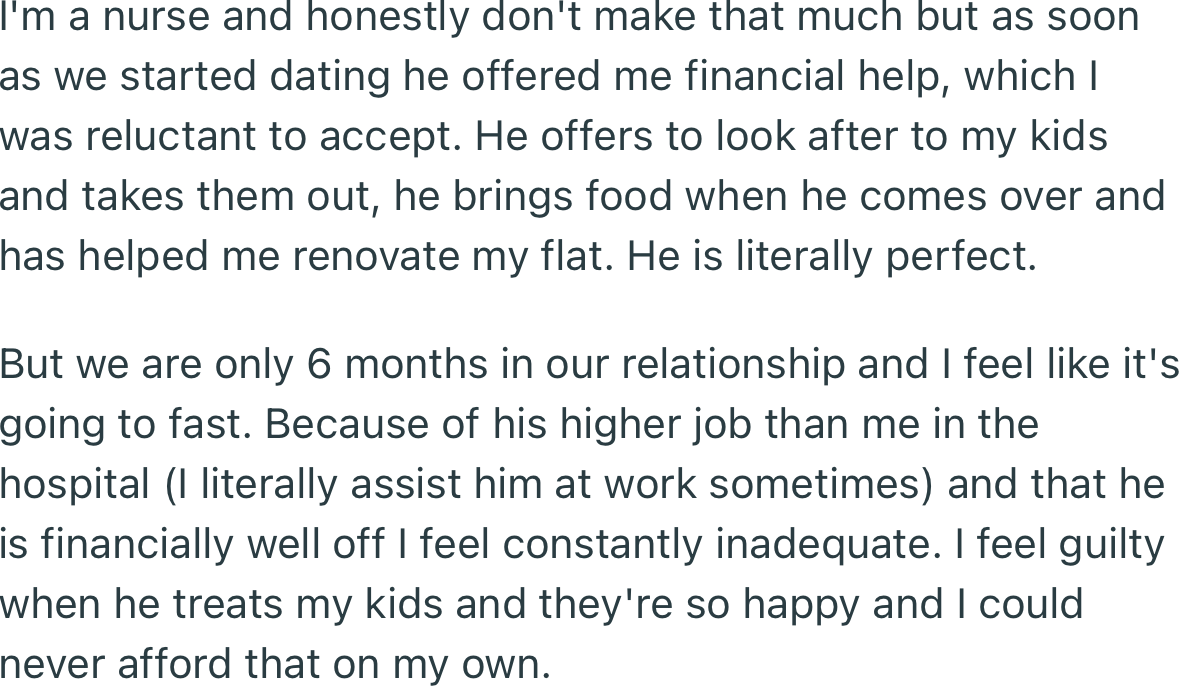 Although OP described her boyfriend as “perfect,” she sometimes feels inadequate in their relationship