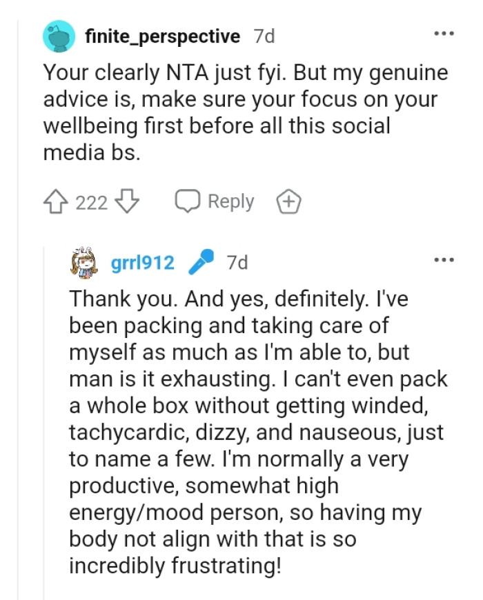 This Redditor advises the OP to take care of her well-being first