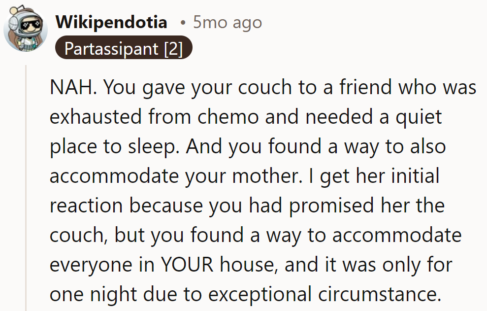 Crisis averted! Our hero's couch switcheroo turned chaos into cozy—Mom's seat may need a sequel!