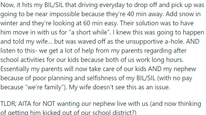 BIL/SIL want their child to live with OP due to the long commute