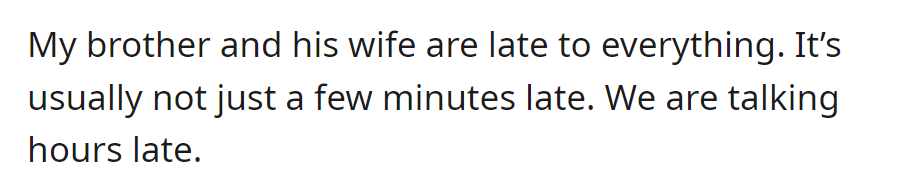 OP's brother and sister-in-law have a habit of being consistently tardy, with their lateness extending beyond a few minutes to hours.