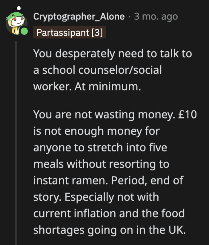 There is no healthy way to stretch £10 for five meals, especially for a growing teenager