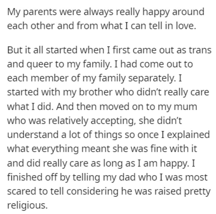 OP's Parents Were Happy Together Until the Point When OP Came Out as Trans and Queer