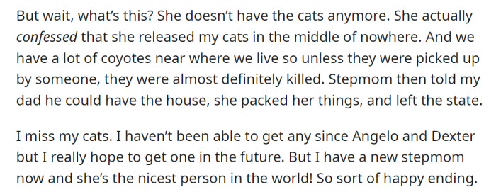 They later found out that she had released them, and the cats were most likely dead: