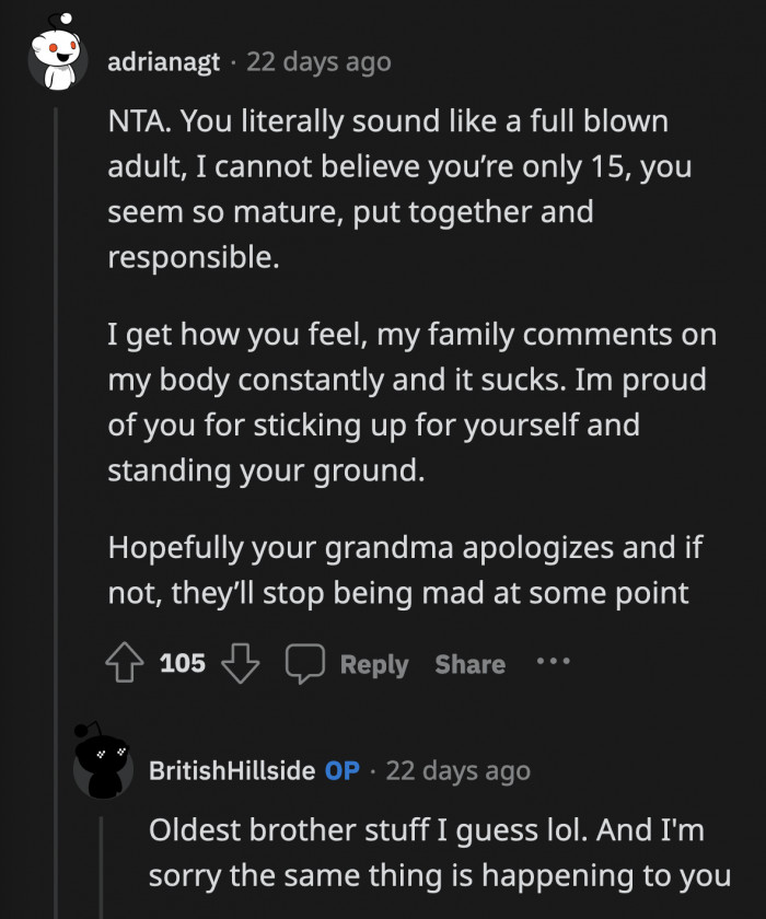 Still, it's never too late for Grandma to change. Maybe OP's indignation was enough to make her question her toxic thinking.
