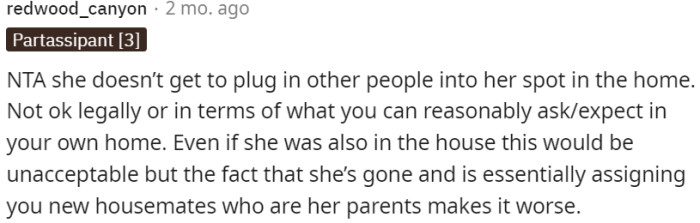 The roommate's decision to have her parents stay in OP's apartment without her consent is not acceptable