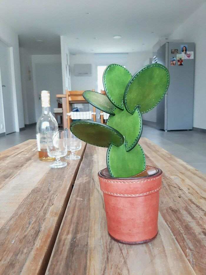 16. I Made This Cactus Coasters Set With Leather For My Aunt's Birthday. Do You Think The Flower Pot Is A Bit Too Wide At The Base To Be Somewhat Realistic?