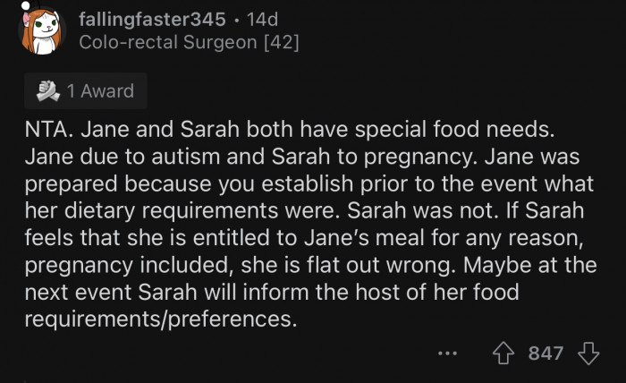 Sarah should inform the host of her food preferences next time.