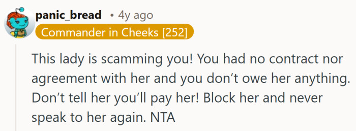 A blunt callout that treats the whole situation like a poorly executed hustle and urges her to walk away fast.