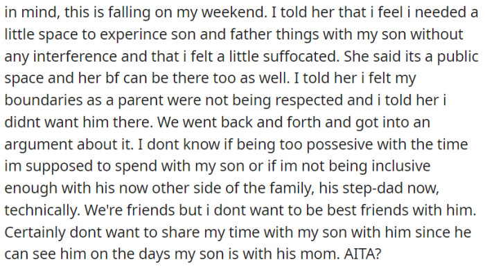 OP had an argument with their ex over their son's taekwondo promotion falling on their weekend, expressing a desire for father-son time without interference from the ex's boyfriend.
