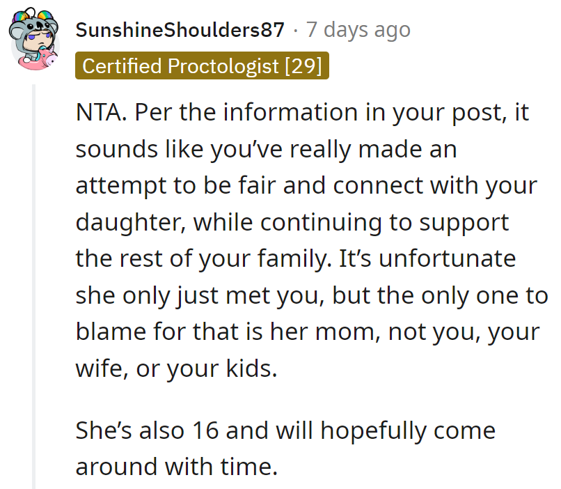 New daughter, old blame game. Here's hoping she warms up before her 18th birthday!