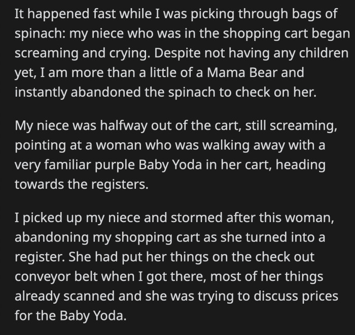 The next thing OP knows, she's trying to run after the woman that stole the toy from her niece