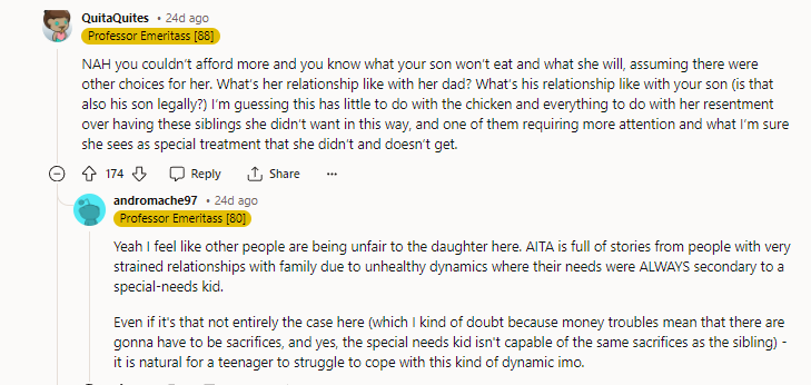 I think it can be true that OP is NTA and the 16-year-old can be struggling with the dynamic. Her mom died, she has to live with her dad and step-mom, and special needs half-siblings. She is angry and not willing to accommodate the needs of her brother. She needs help and support, and those needs don't mean she can starve her brother or that OP is an AH. It's a bad situation, unfortunately.
