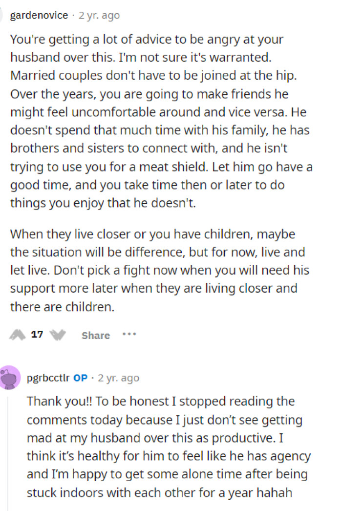 This person stated that it really isn't necessary for her to get mad at her husband for this, as some comments suggested.