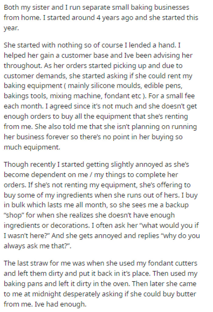 OP's post provided all the details about their history and agreement within their baking businesses