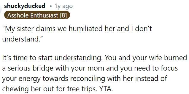 OP should focus on repairing his relationship with his mom instead of blaming others for free trips.