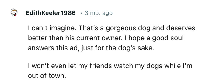 “I won’t even let my friends watch my dogs while I’m out of town.”