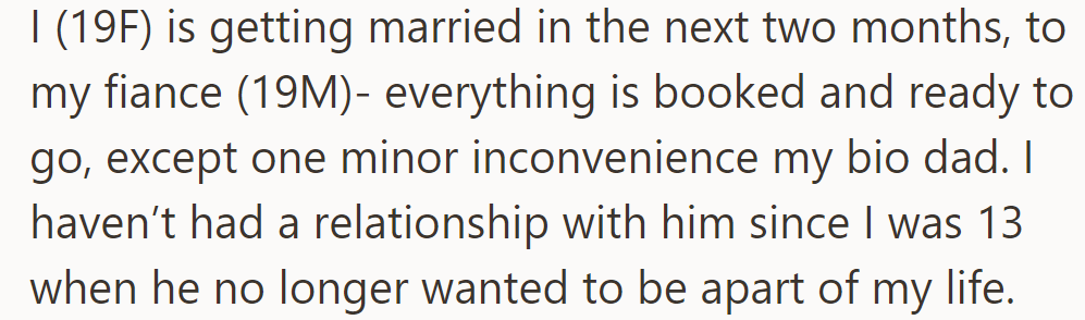 OP's getting married in 2 months to 19M fiancé. All set except for dad, estranged since age 13.