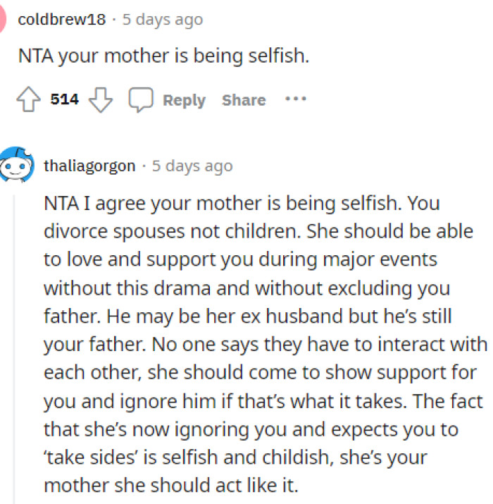 People immediately came to the comments to let her know that her mom is being selfish and that it's not right for her to act this way because of a divorce.