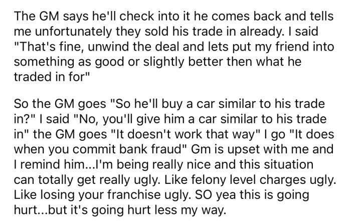 The GM initially wanted to make the friend pay for another car, but OP wouldn't have it.