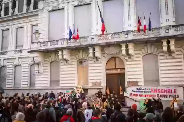 Protesters gathered outside the National Assembly in Lyon, France, this February to demand a vote on legislation banning PFAS.