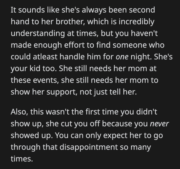 OP can't expect her daughter to forgive her each time she breaks her heart. She has been failing her daughter all these years, and she knows it.