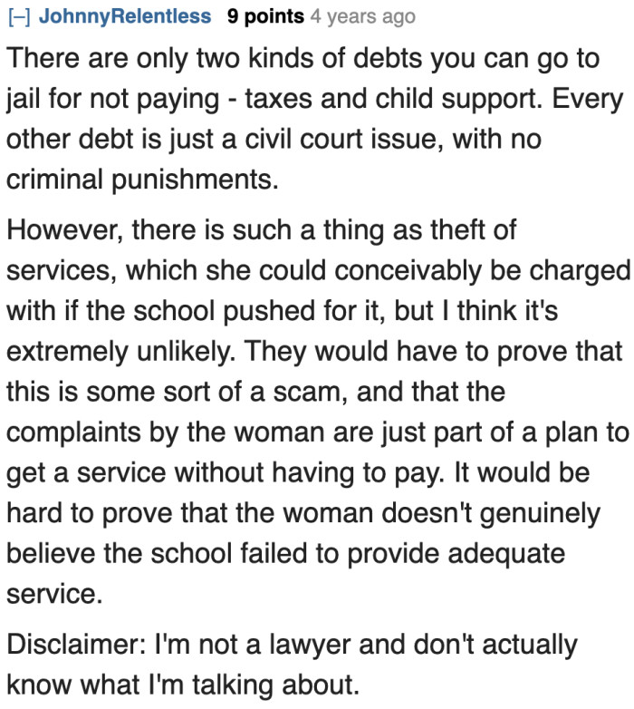 A user believes she can be sued for theft of services because she doesn't intend to pay for the service her daughter already received.