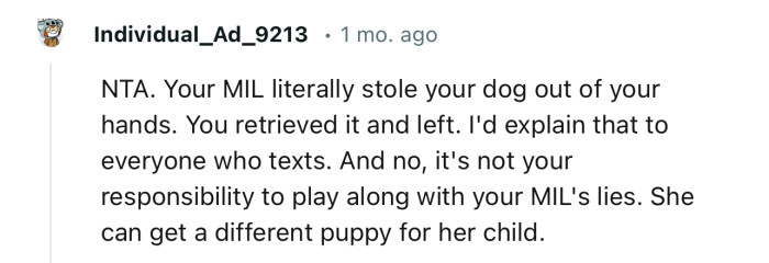 “NTA. Your MIL literally stole your dog out of your hands. You retrieved it and left.”
