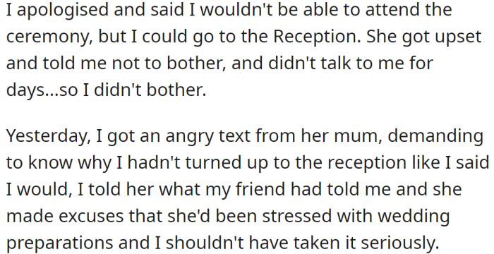 That left the OP with no solution to attend both the ceremony and the reception: