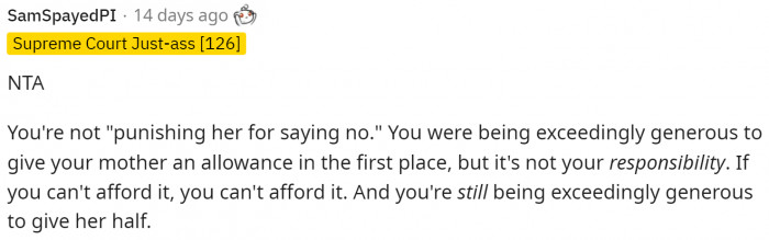 This is a two-part comment that had a lot to say, but the verdict is that she's NTA.