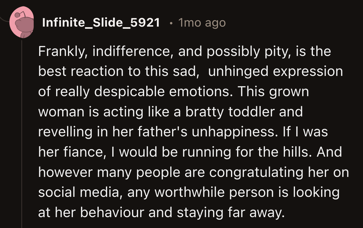 OP's indifference looks more mature in contrast to her sister's odd joy at a marriage falling apart.