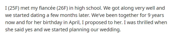 High school sweethearts for 9 years, OP proposed to her girlfriend on her birthday in April, and they're now excitedly planning their wedding.
