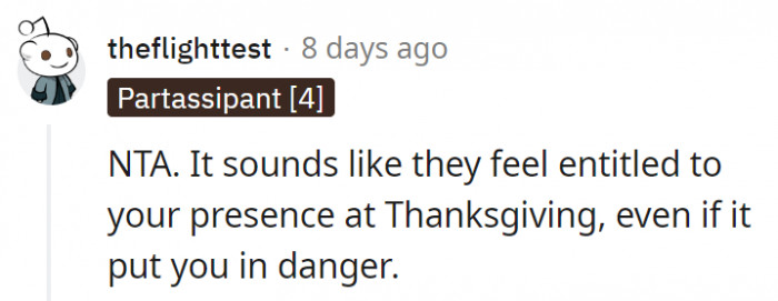 14. It seems like OP's parents are entitled to her presence in Thanksgiving