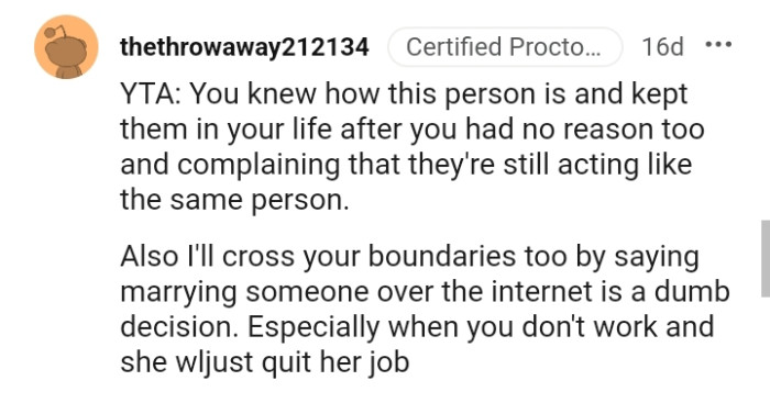 Marrying someone over the internet is a dumb decision