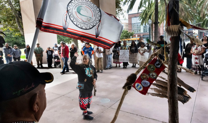 Tongva tribe members at a ceremony honoring Billie Eilish’s land support