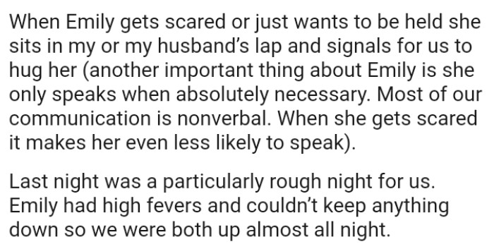 When Emily Gets Scared, She Sits in the OP's or the Husband’s Lap and Signals for Them to Hug Her