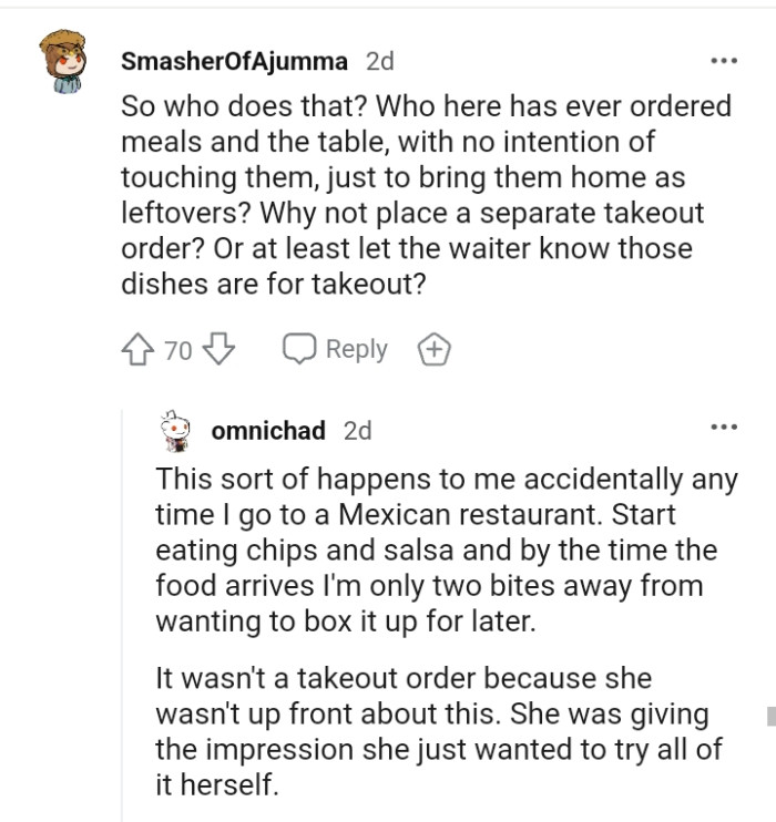 Why not place a separate take out order?