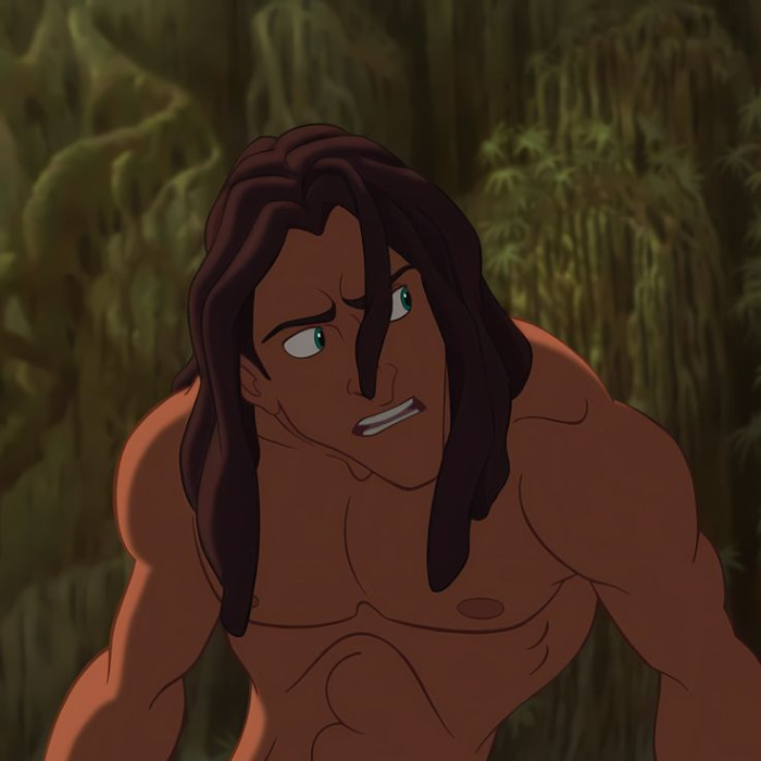 Tarzan himself is drawn with dark brown hair under all the vine-swinging.