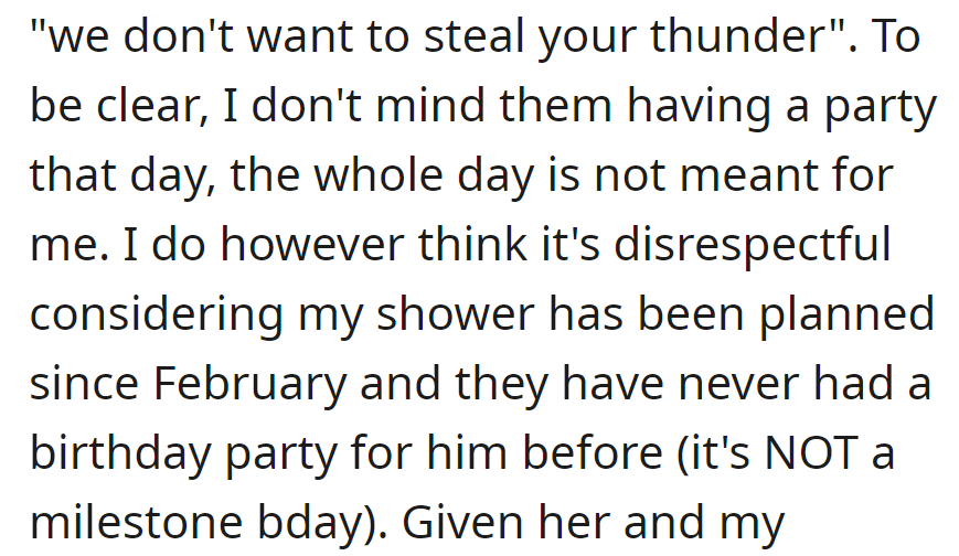 She said they don't want to steal her thunder, but it feels disrespectful as her bridal shower was planned since February, and it's not a milestone birthday for him.