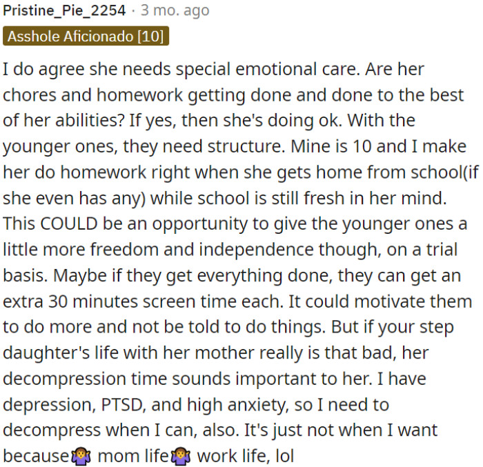 OP needs to prioritize her stepdaughter's emotional needs.