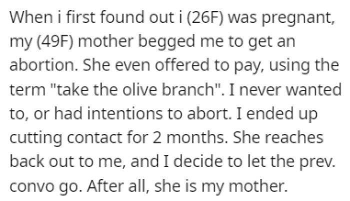 When OP Found Out She Was Pregnant, Her Mother Begged Her to Get an Abortion