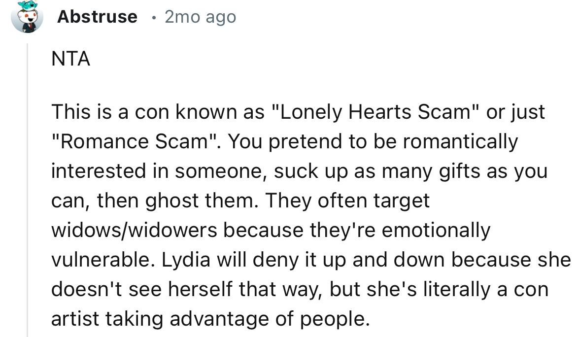 “NTA. She’s literally a con artist taking advantage of people.”