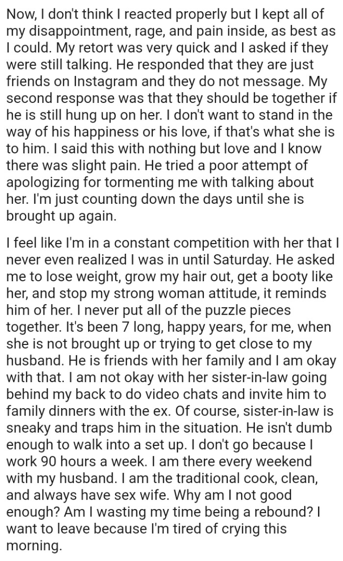 OP's husband asked her to lose weight, grow her hair out, get a backside like hers, among other things